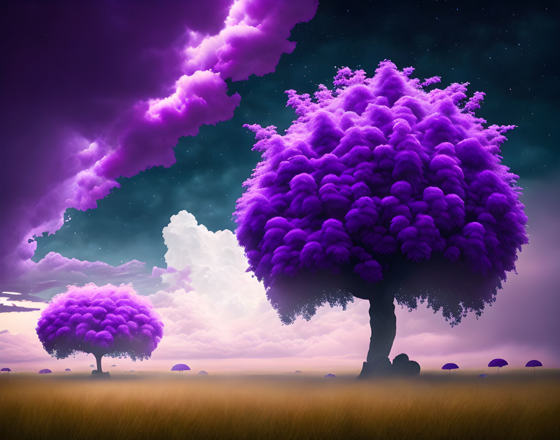 Vibrant purple trees in surreal starry landscape