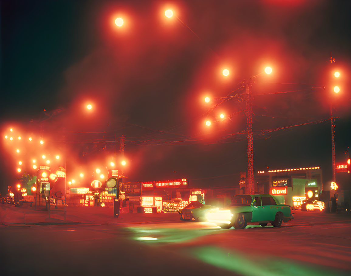 Vintage Night Scene with Glowing Red Lights, Classic Cars, and Neon Signs