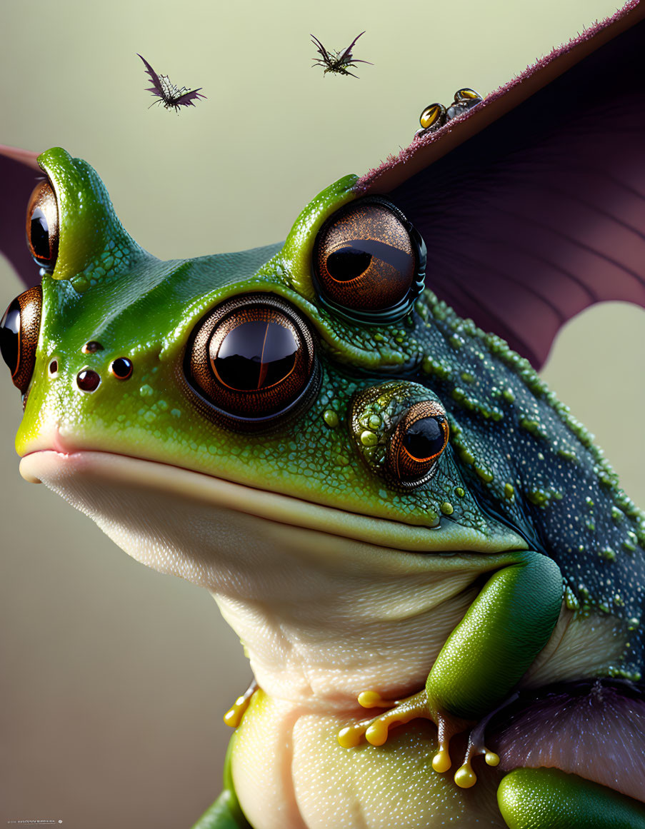 Detailed Close-Up of Green Frog with Mosquitoes in Background