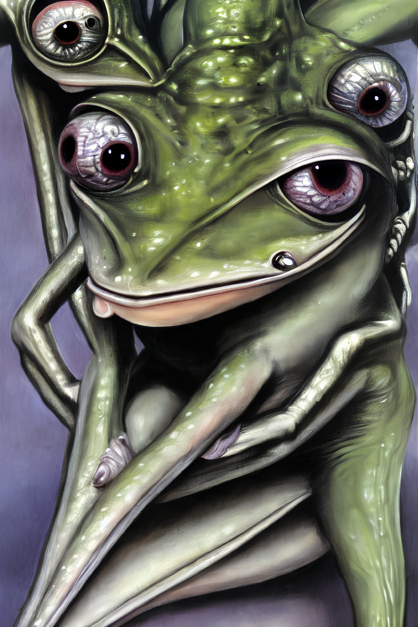 Detailed humanoid frog with multiple red eyes in contemplative pose