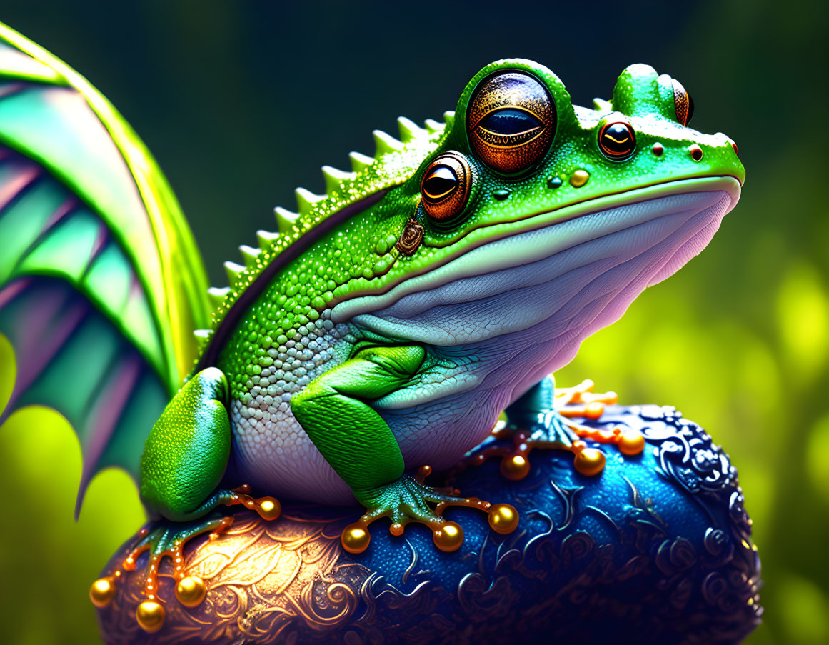 Colorful digital illustration: Whimsical frog with dragon wings and multiple eyes on ornate sphere