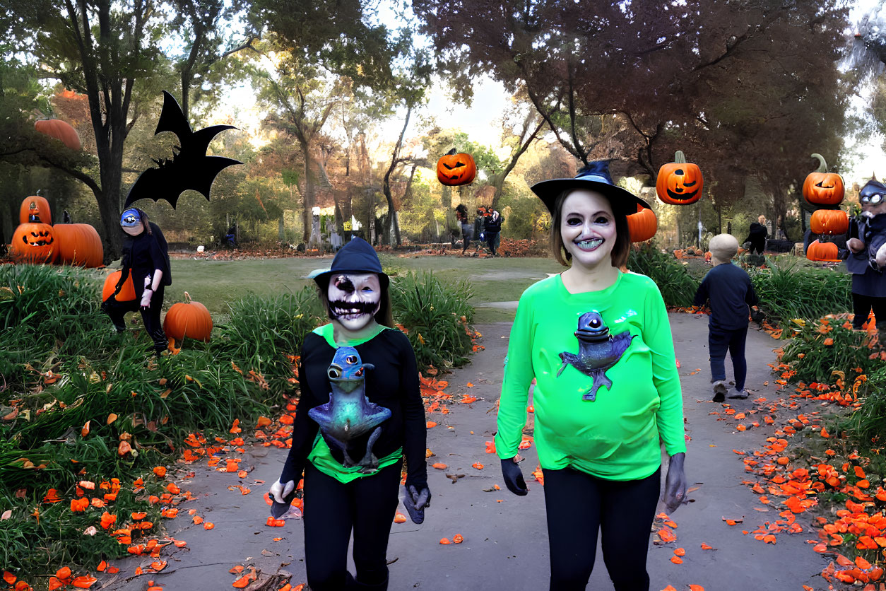 People in Halloween costumes with painted faces in a park with pumpkin figures and autumn leaves.