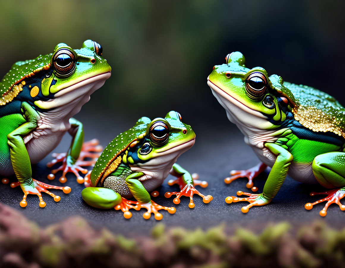 Three Vibrant Green Frogs with Orange Feet on Dark Surface