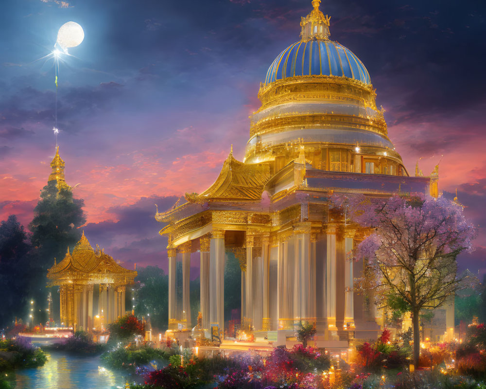 Moonlit scene of majestic building with golden dome and purple blossoms reflected in waterway