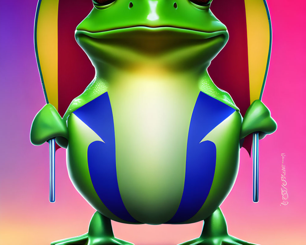 Vibrant green frog illustration against sunset background