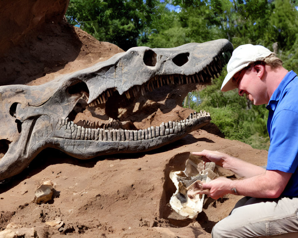 Scientist studying fossil skull at dinosaur excavation site