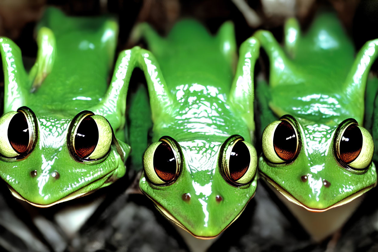 Three green tree frogs with large, protruding brown eyes on dark background