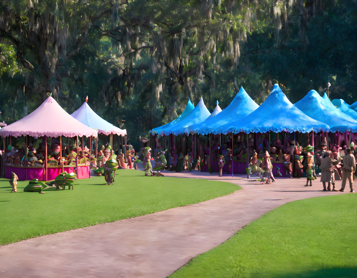 Colorful Fairytale Scene with Tents, Costumed Characters, and Lush Green Park