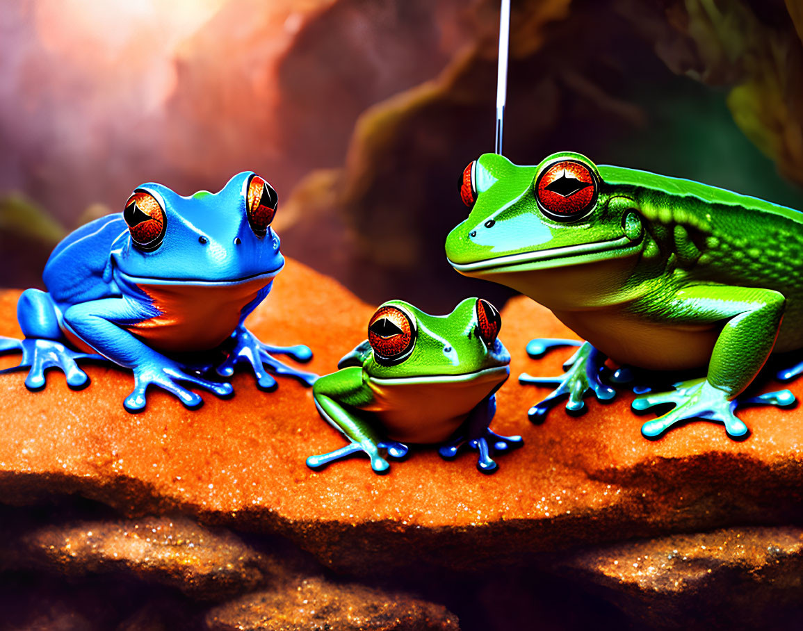 Colorful Toy Frogs on Rocky Surface with Suspended String