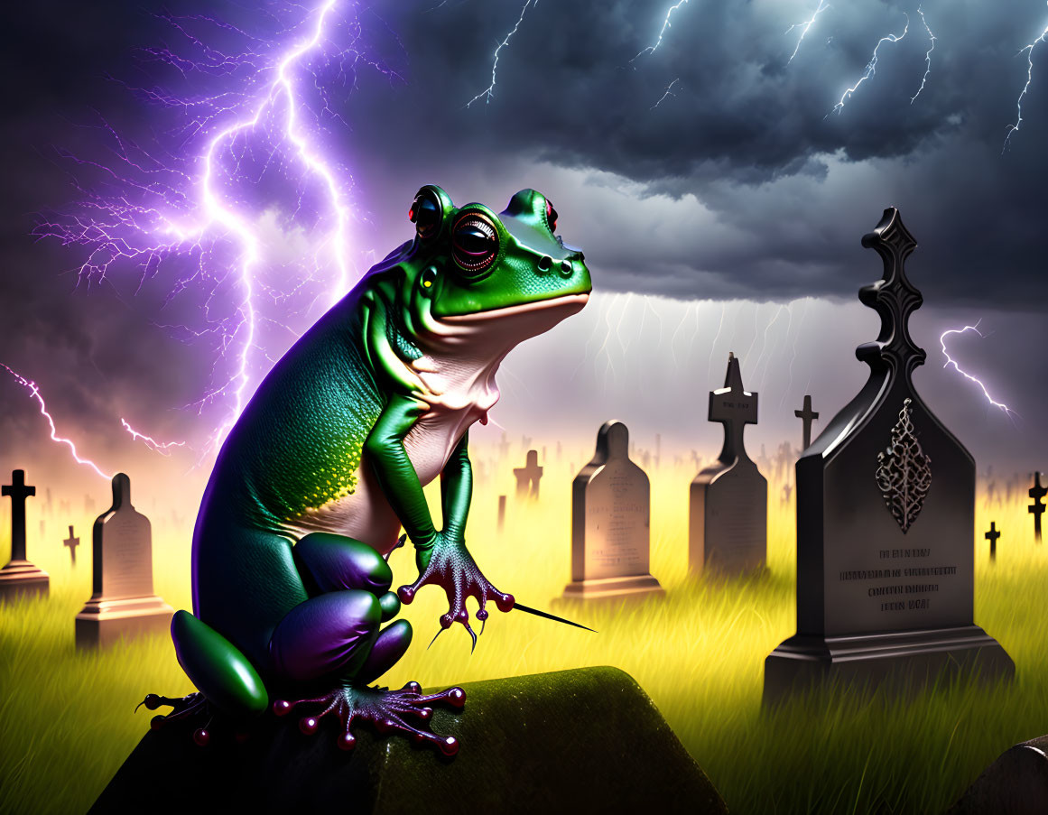 Frog on Rock in Cemetery with Stormy Skies