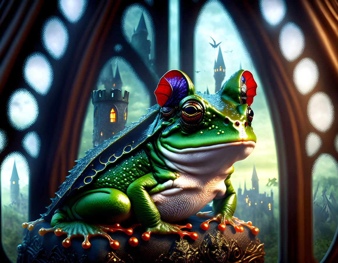 Whimsical frog with ornate headgear in fairytale castle backdrop