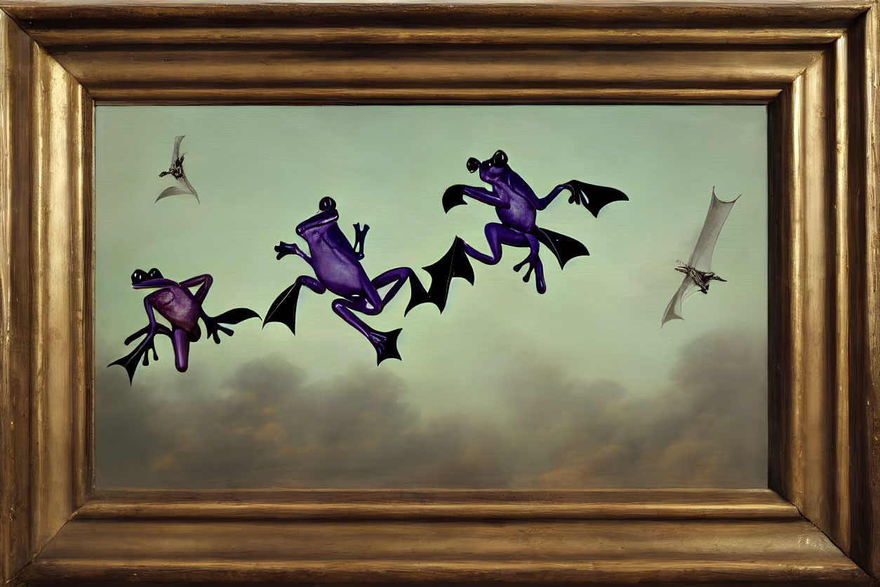 Three purple bat-winged frogs in ornate wooden frame on cloudy backdrop