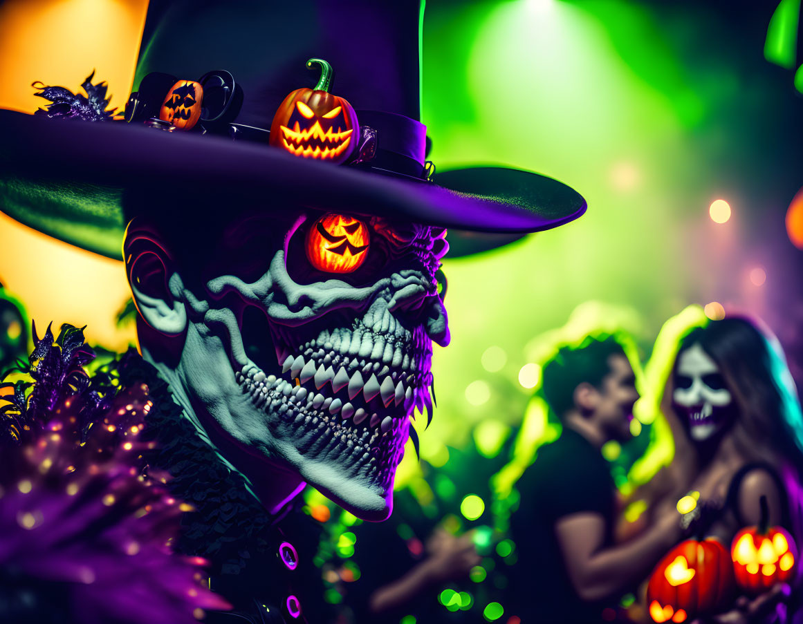 Colorful Halloween party with skull mask person and pumpkin hat in festive scene