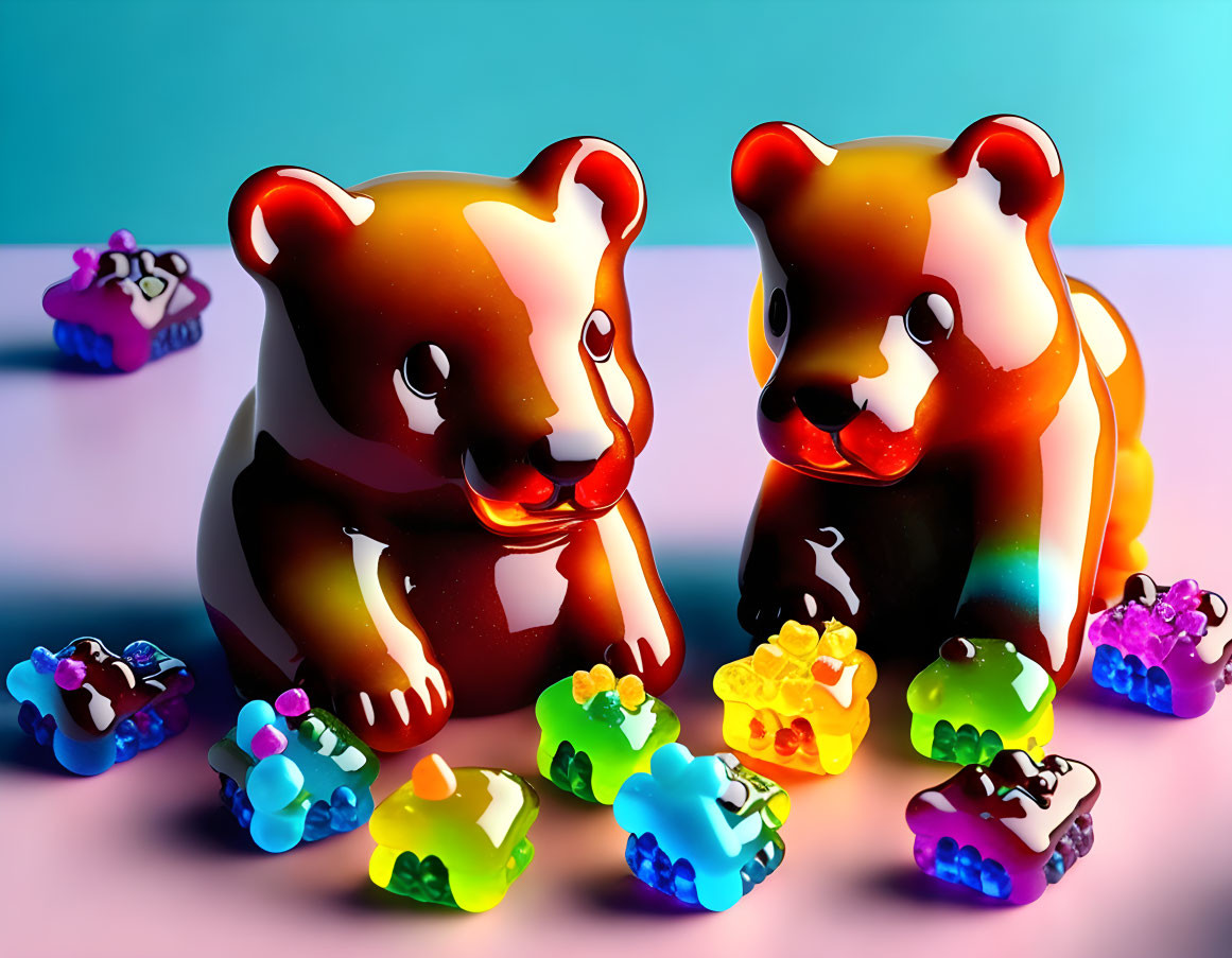 Vibrant glossy gummy bear figurines on blue and pink backdrop