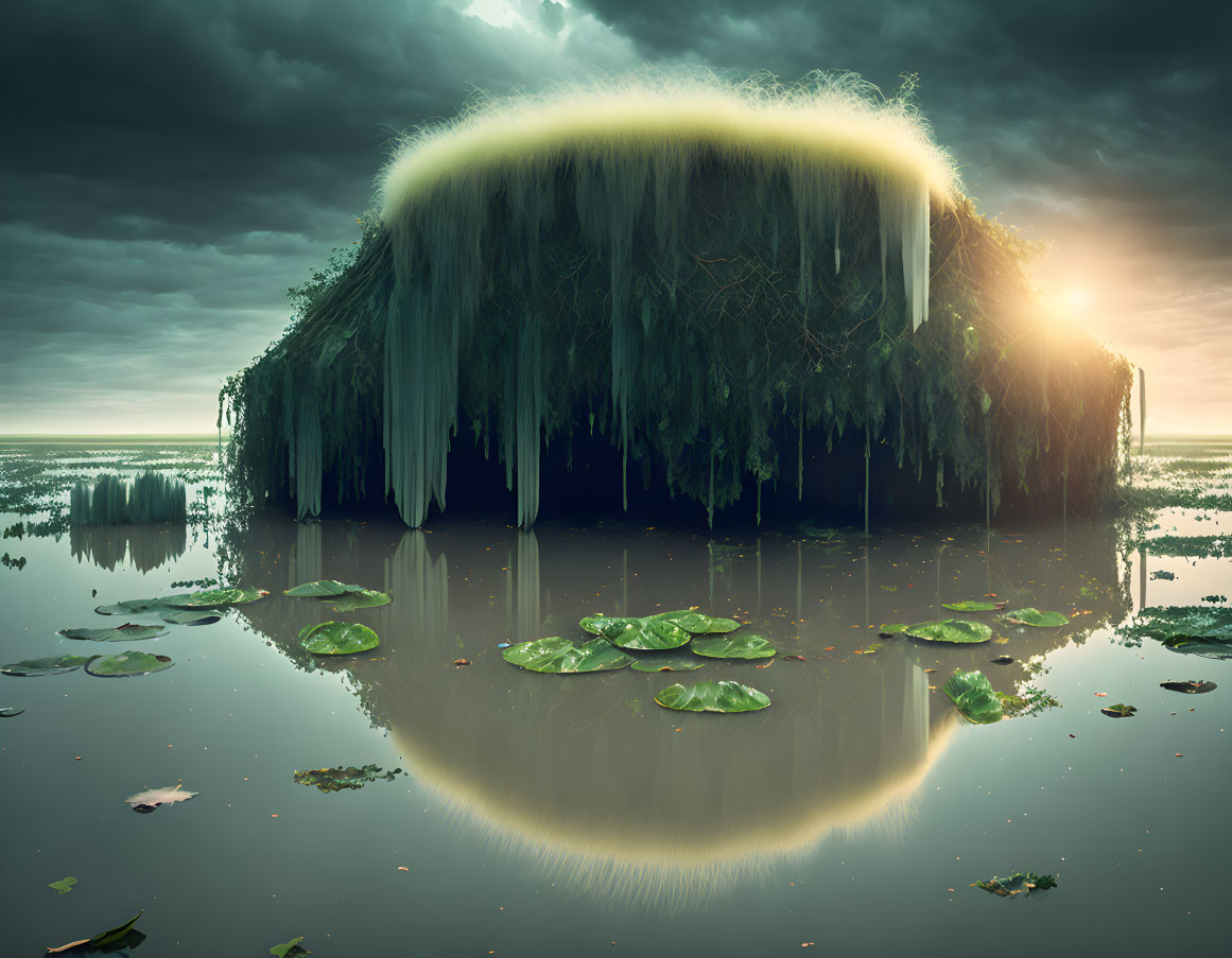 Floating island with waterfall resembling head, golden hair, serene backdrop.