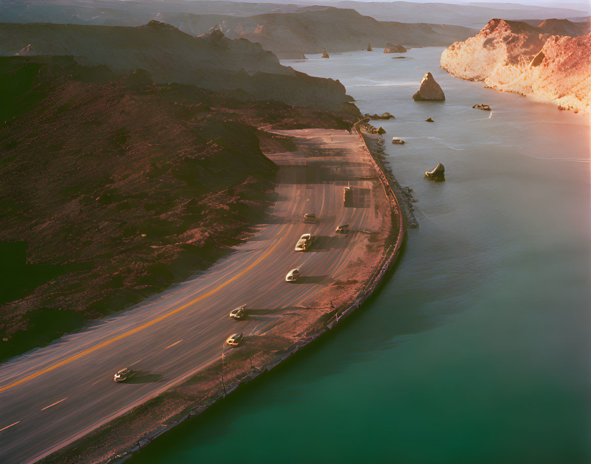 Curvy Coastal Road with Vehicles at Sunset