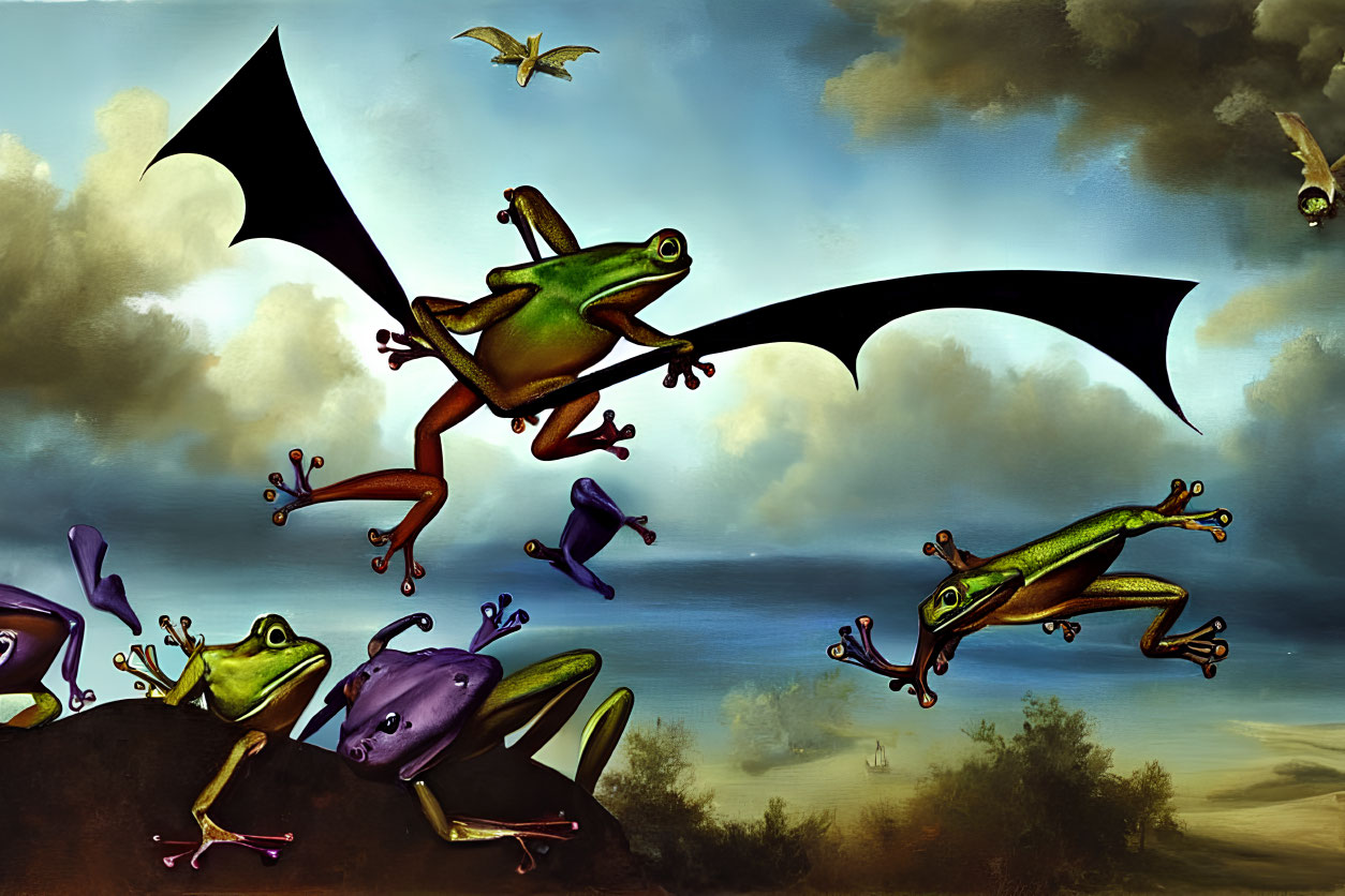 Artwork of frog-like creatures with bat wings flying under cloudy sky