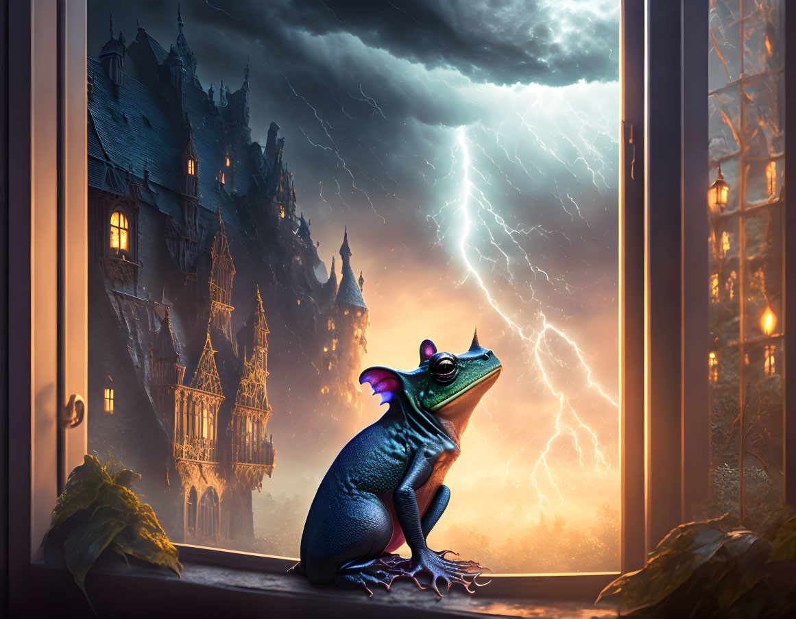 Frog observing lightning storm over gothic castle at twilight