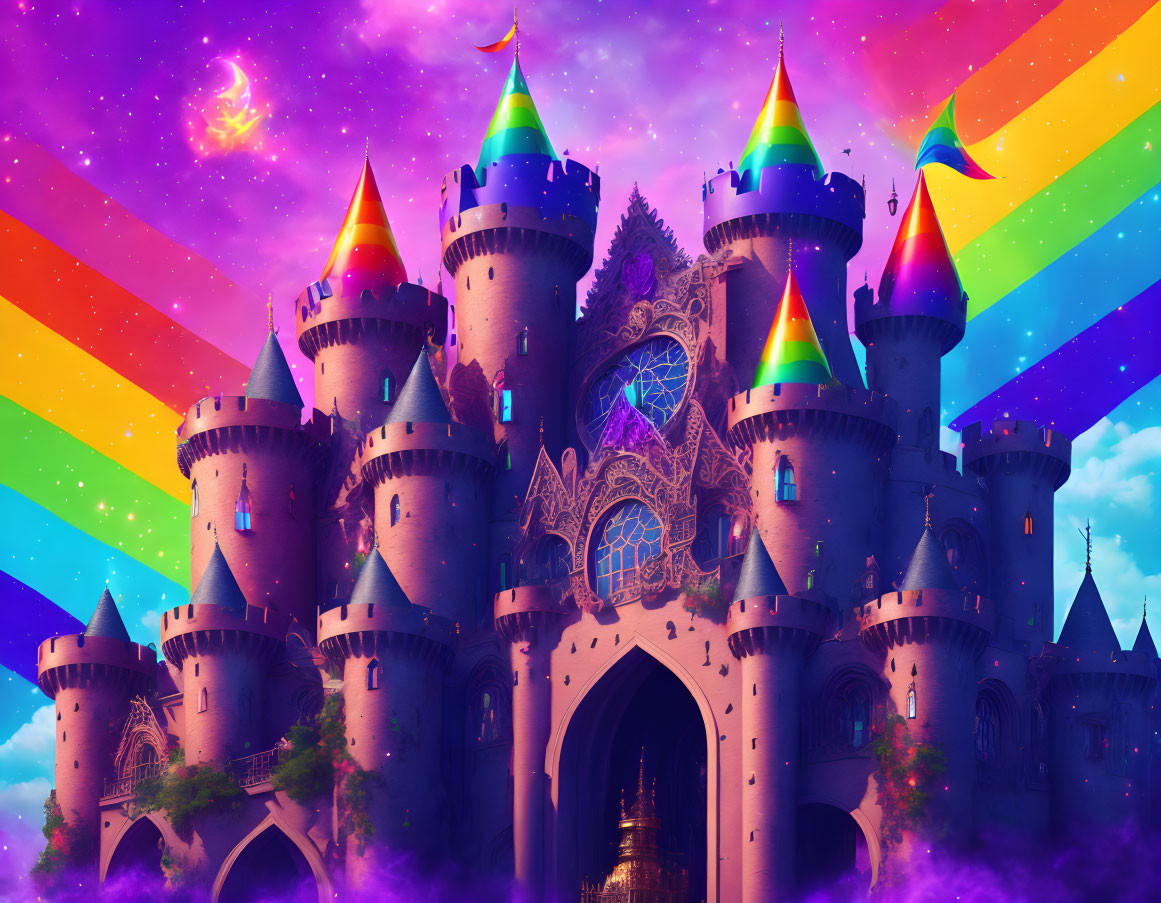 Fantasy castle with colorful towers under rainbow sky & nebula backdrop