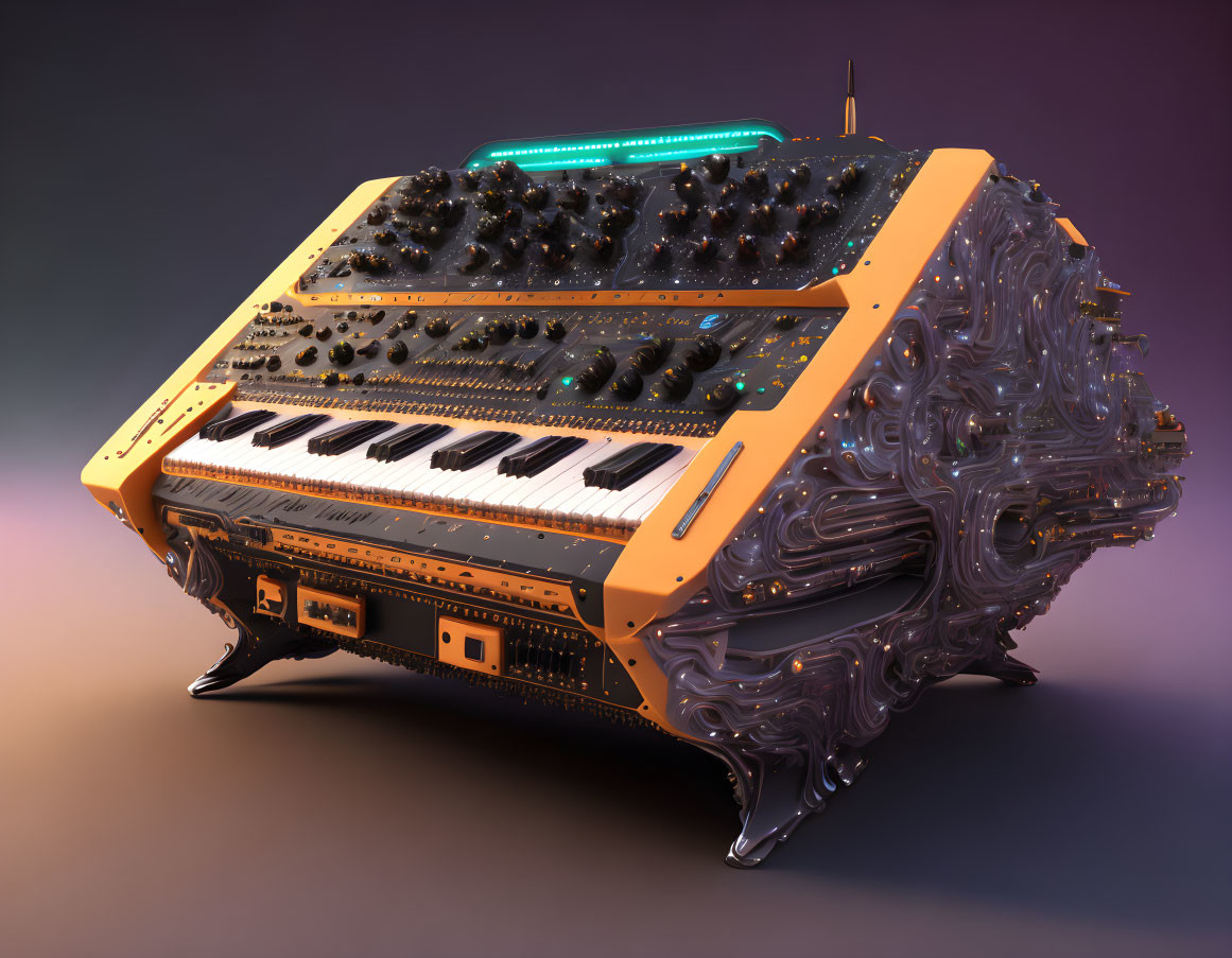 Intricate futuristic synthesizer with piano keys and electronic circuitry