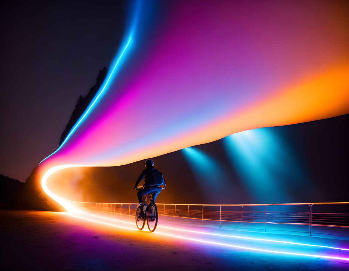 Night Cyclist Riding with Vibrant Light Trails