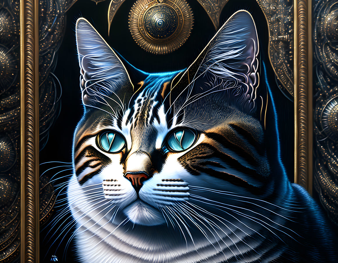 Digitally illustrated cat portrait with blue eyes and intricate patterns in ornate gold frame