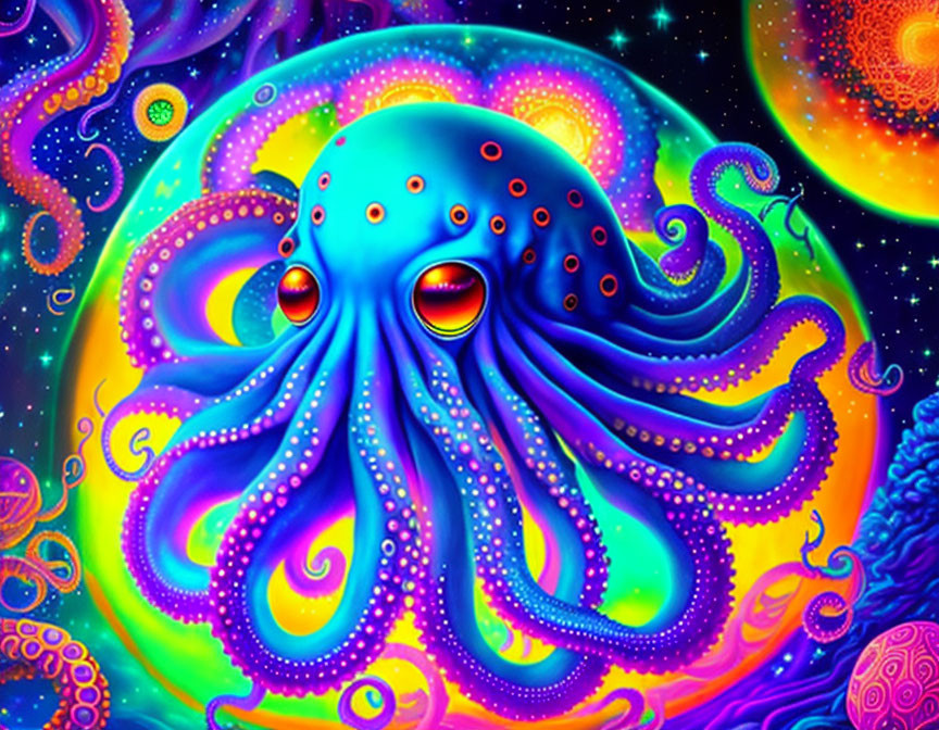 Colorful Psychedelic Octopus Illustration with Cosmic Background