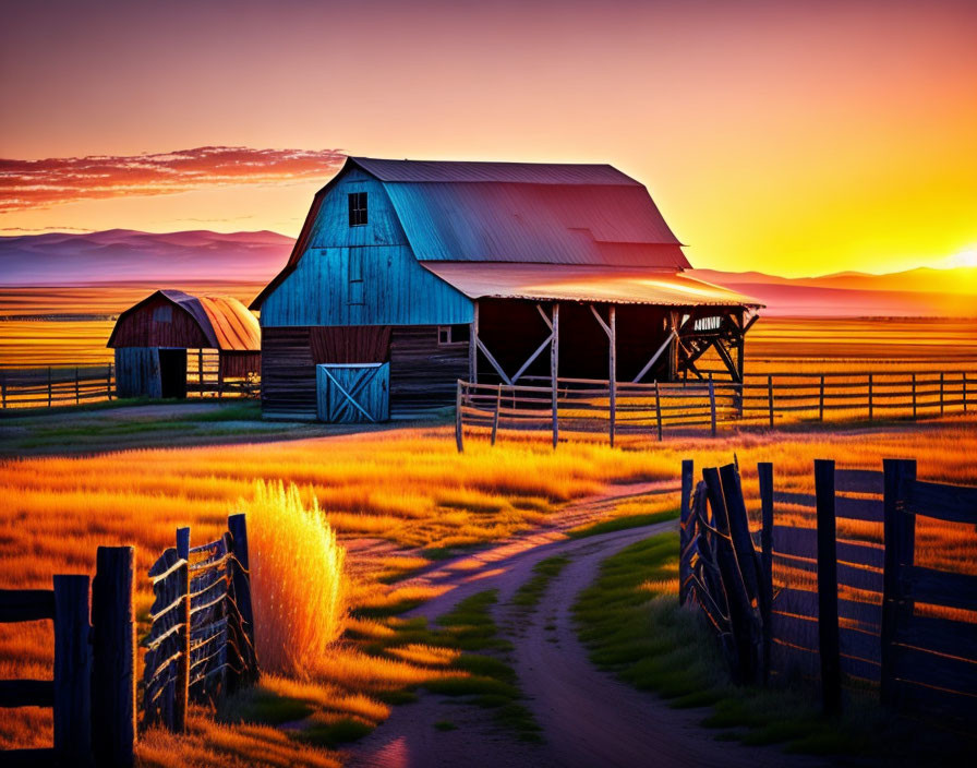 Rustic barn and fence in vibrant sunset scene