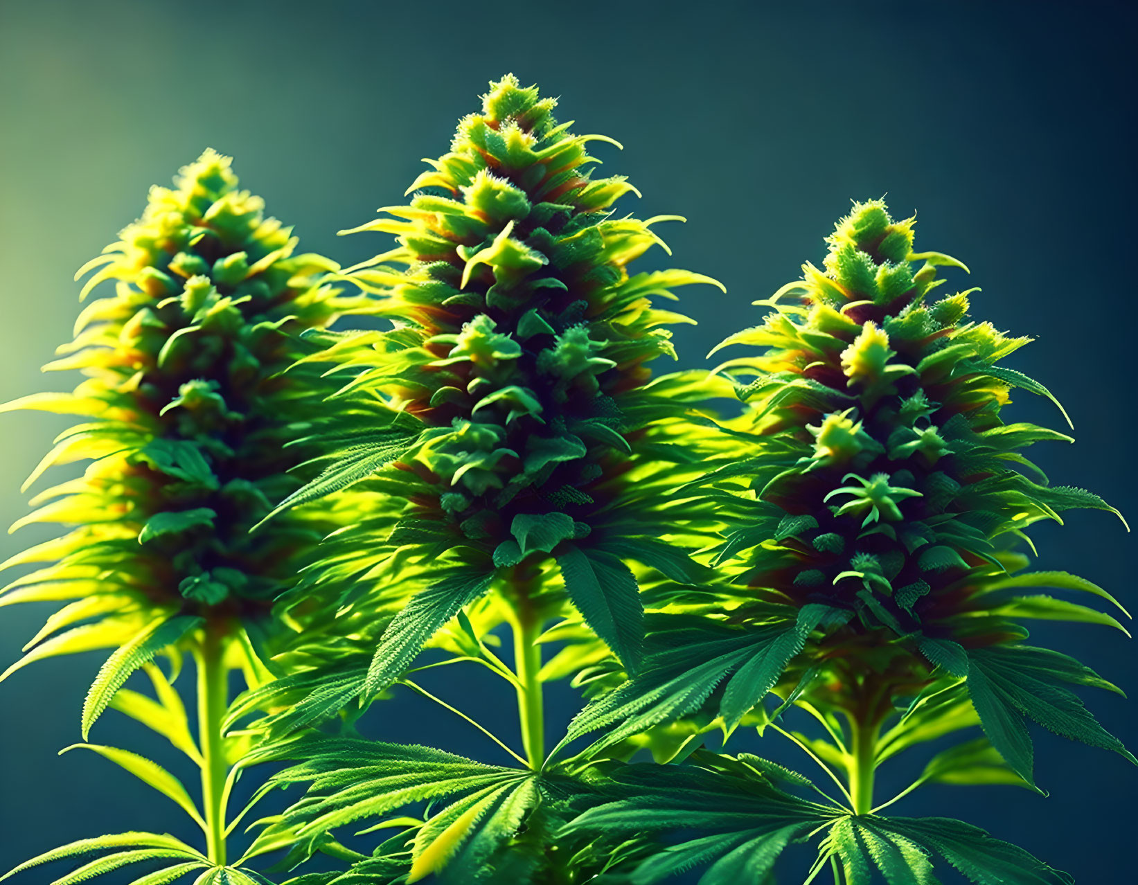 Vibrant cannabis plants with green leaves and dense buds on dark background