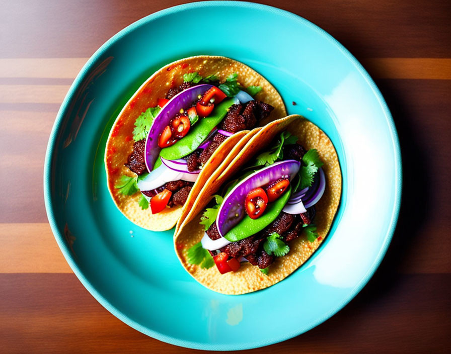 Beef tacos with purple onions and red chilies on blue plate