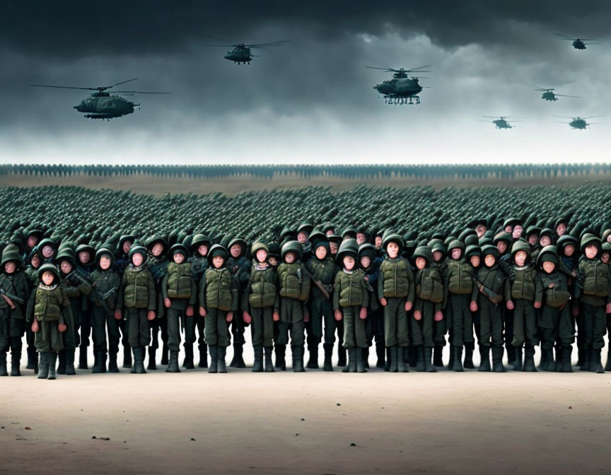 Uniformed figures with oversized helmets in front of low-flying helicopters under a brooding sky