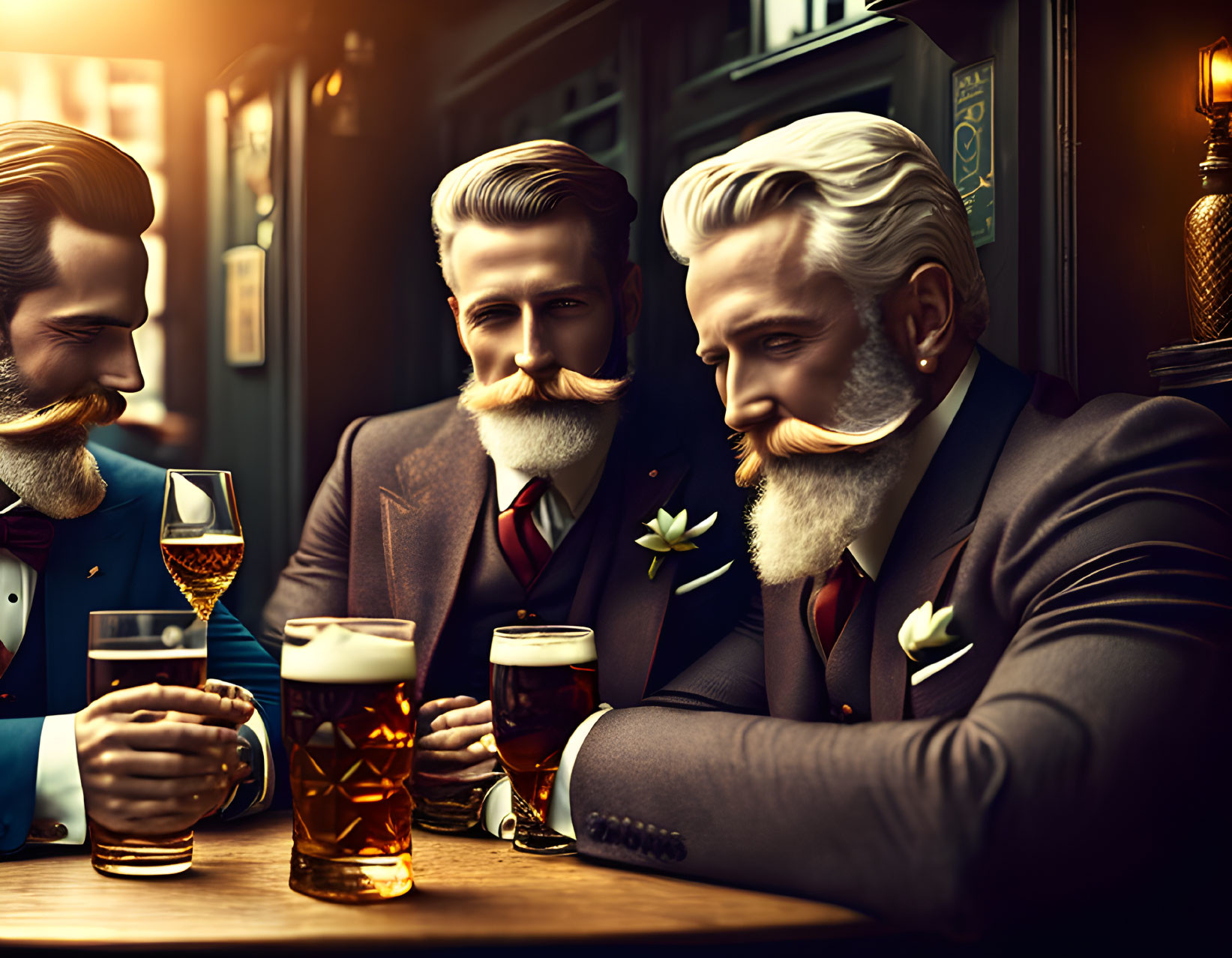 Stylish bearded men in vintage bar ambiance