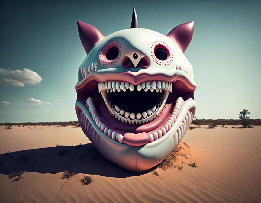 Whimsical creature with cat-like ears in surreal desert scene