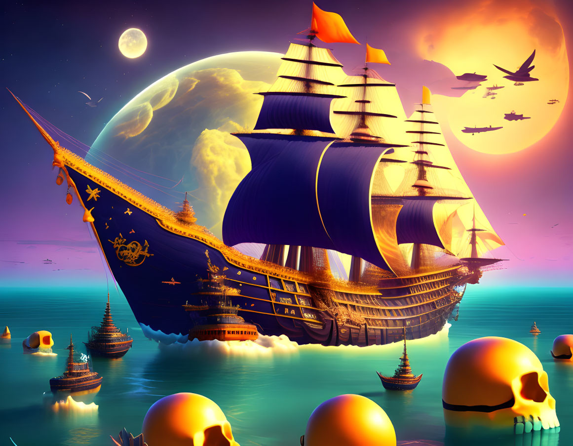 Golden sail ship sailing over ocean with skulls under moonlit sky, birds, distant temples