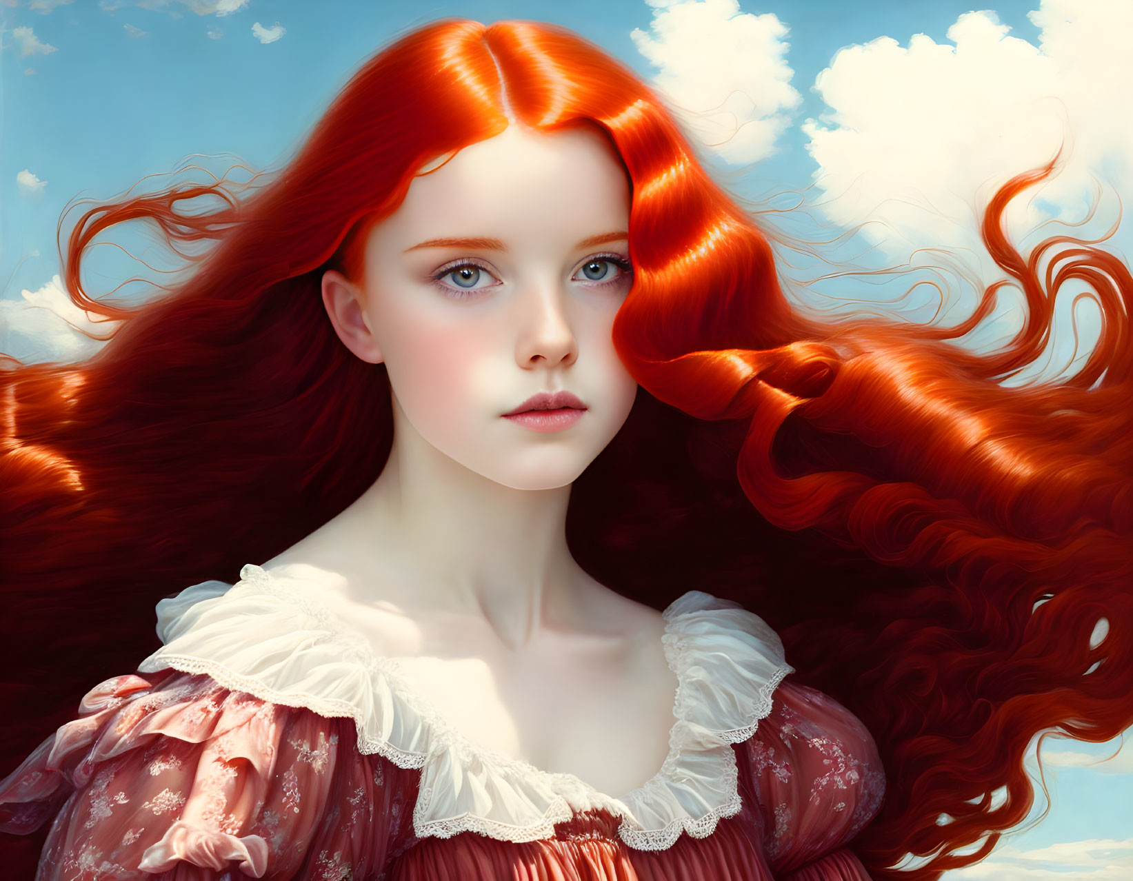 Young woman with red hair in vintage dress under cloudy sky