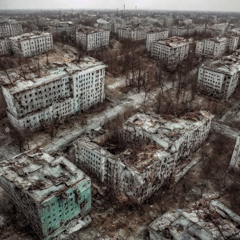 Desolate abandoned urban area with graffiti-covered buildings