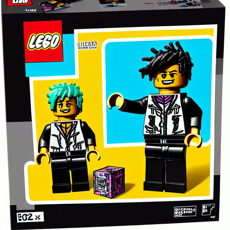 Vibrant LEGO box with alien-themed graphics, two figurines in yellow frame