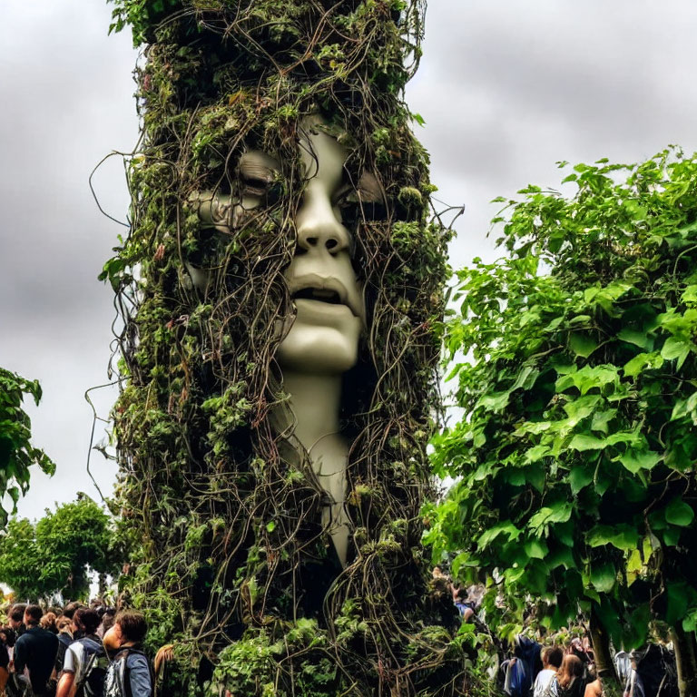 Giant woman sculpture covered in green vines surrounded by spectators