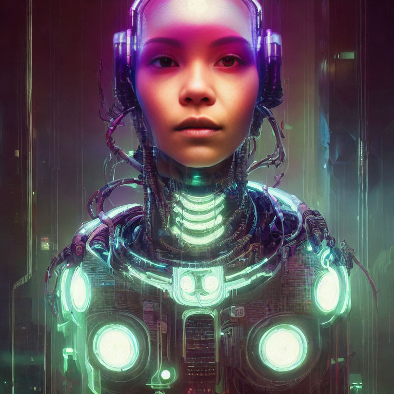 Cybernetic woman with futuristic headset in neon-lit setting