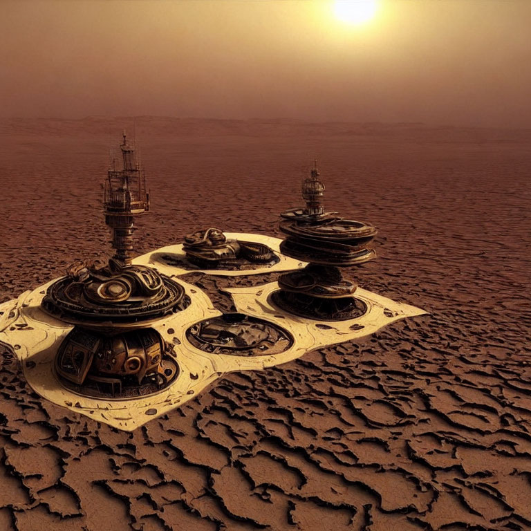 Futuristic spacecraft-like structures in cracked desert under amber sky