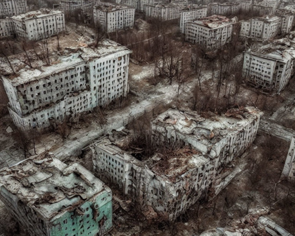 Desolate abandoned urban area with graffiti-covered buildings