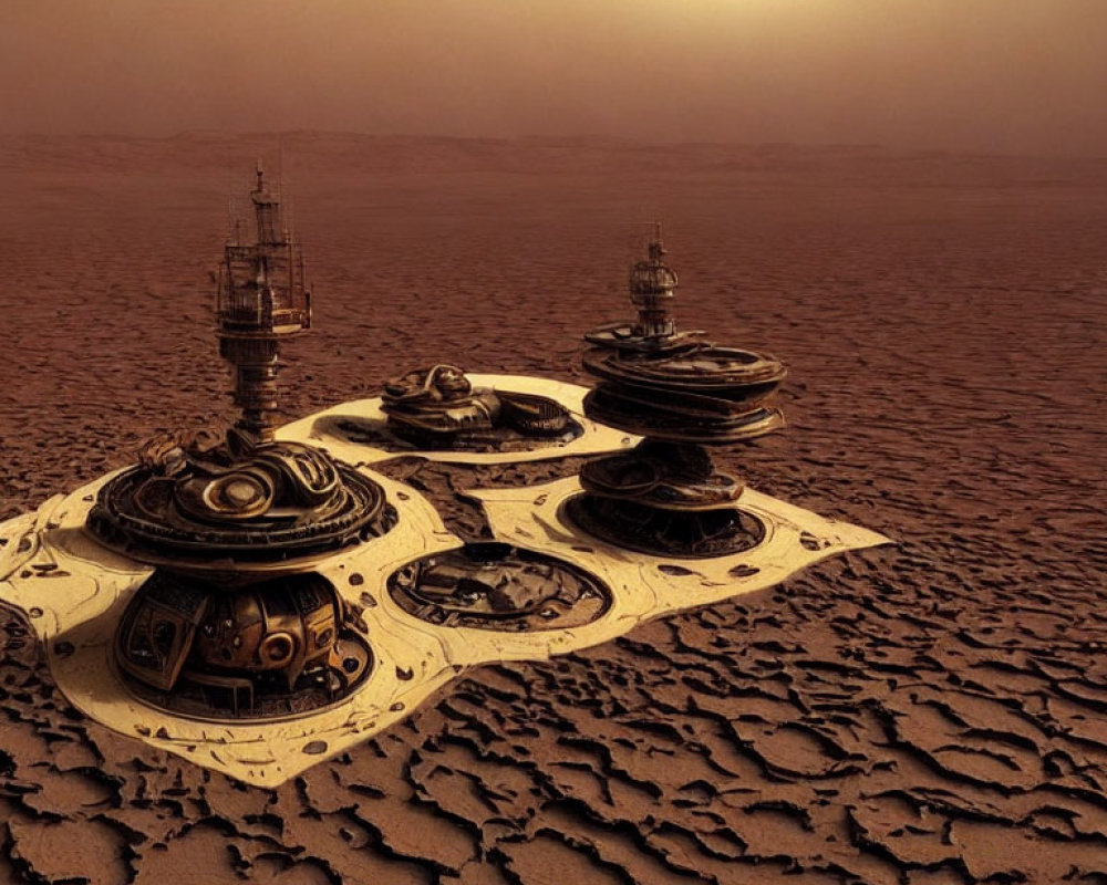 Futuristic spacecraft-like structures in cracked desert under amber sky