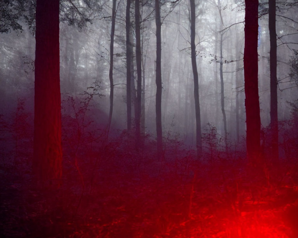 Mystic forest with fog, blue light, and red glow at tree base