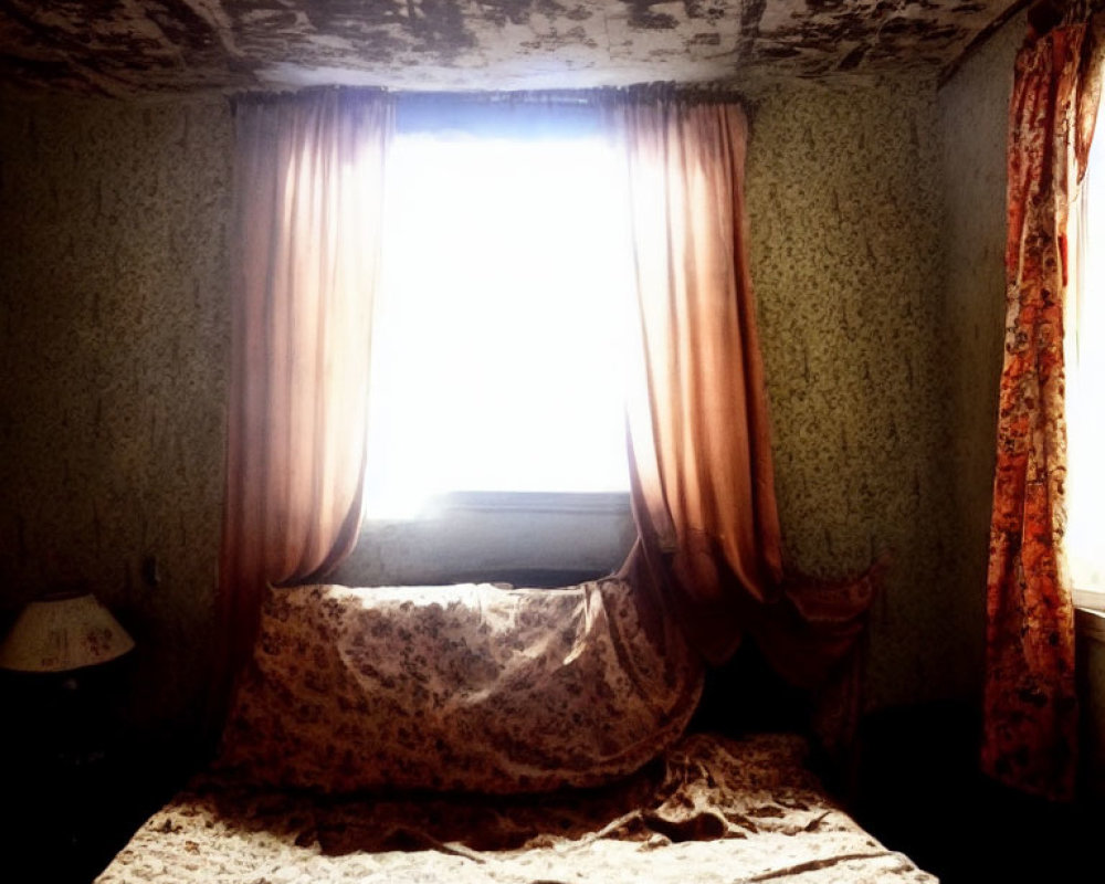 Vintage Bedroom with Peeling Ceiling, Patterned Wallpaper, Floral Bedspread, and Bright Window