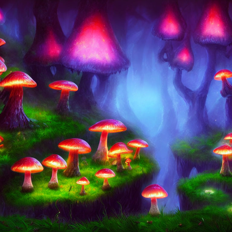 Enchanted forest glade with glowing mushrooms in blue light