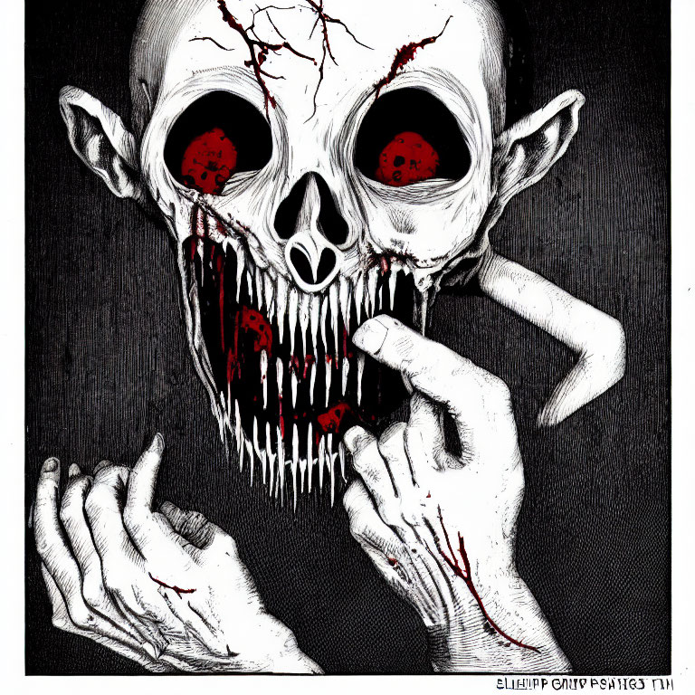 Dark background with hand holding dripping skull