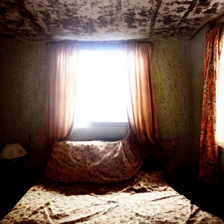 Vintage Bedroom with Peeling Ceiling, Patterned Wallpaper, Floral Bedspread, and Bright Window