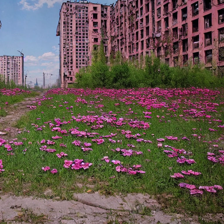 Grassy Area with Pink Flowers and Dilapidated High-Rise Buildings