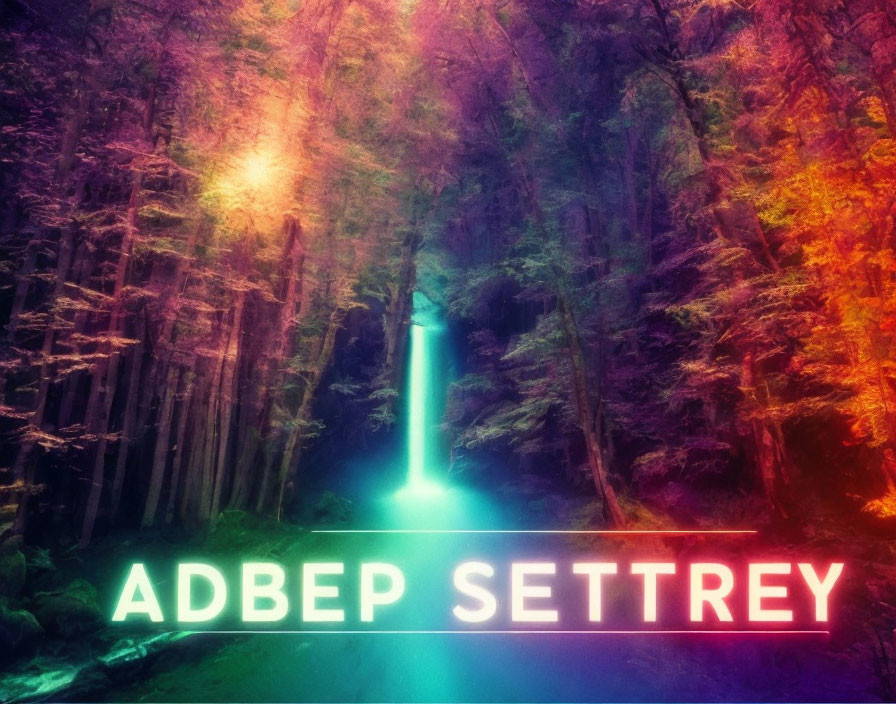 Vibrant neon-lit text in mystical forest setting