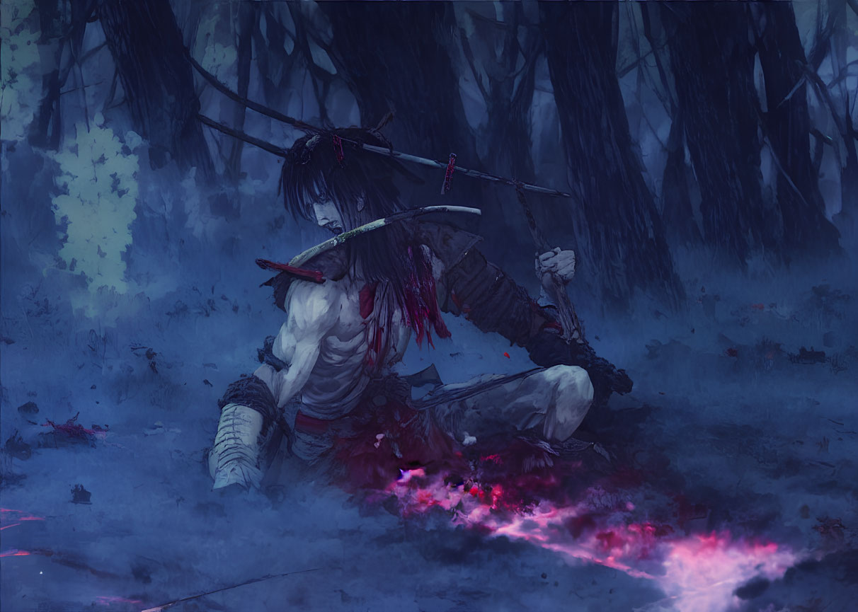 Anime-style wounded warrior with sword in dark forest and mystical energy.